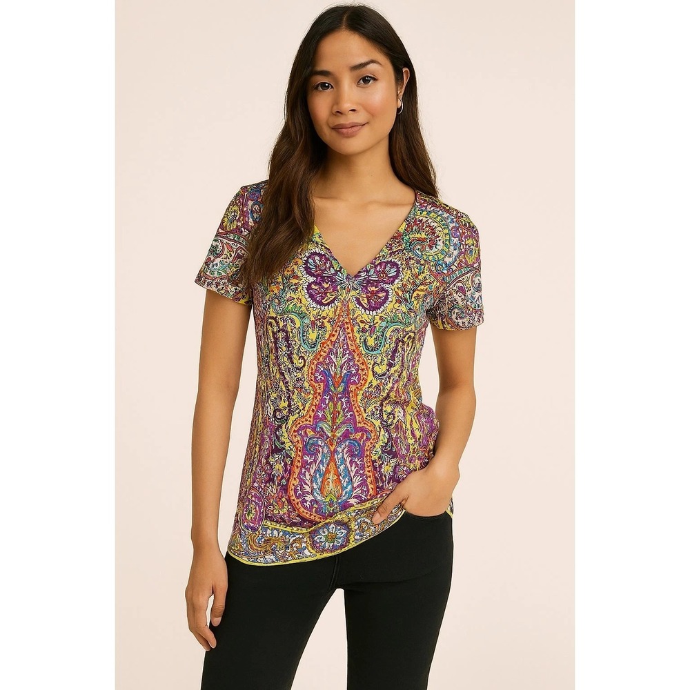 Etro Milano Paisley 100% Cotton V-Neck Short Sleeve Tee 40/S Colorful Boho Luxe
